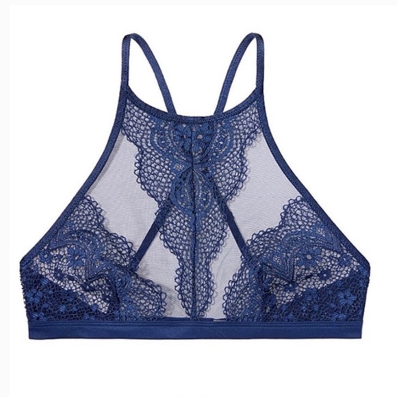 NWT Victoria’s Secret Crochet Lace High Neck Halter Bralette, Navy Blue - Picture 3 of 9